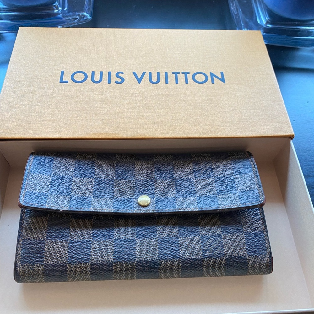 Louis Vuitton Brown Checkered Wallet with Gold Button